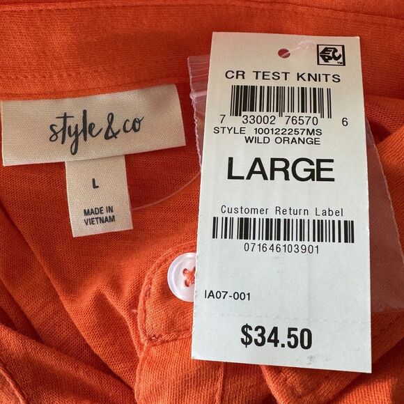 Style & Co Large Polo Top Short Sleeves Button Neck Lightweight Collared Orange - Picture 7 of 9